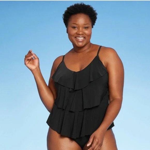 Aqua Green Womens Tiered Tankini Top Black Plus Size - Picture 1 of 7